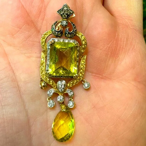Estate LeVian 18k Gold Citrine Diamond Drop Pendant - Picture 1 of 12